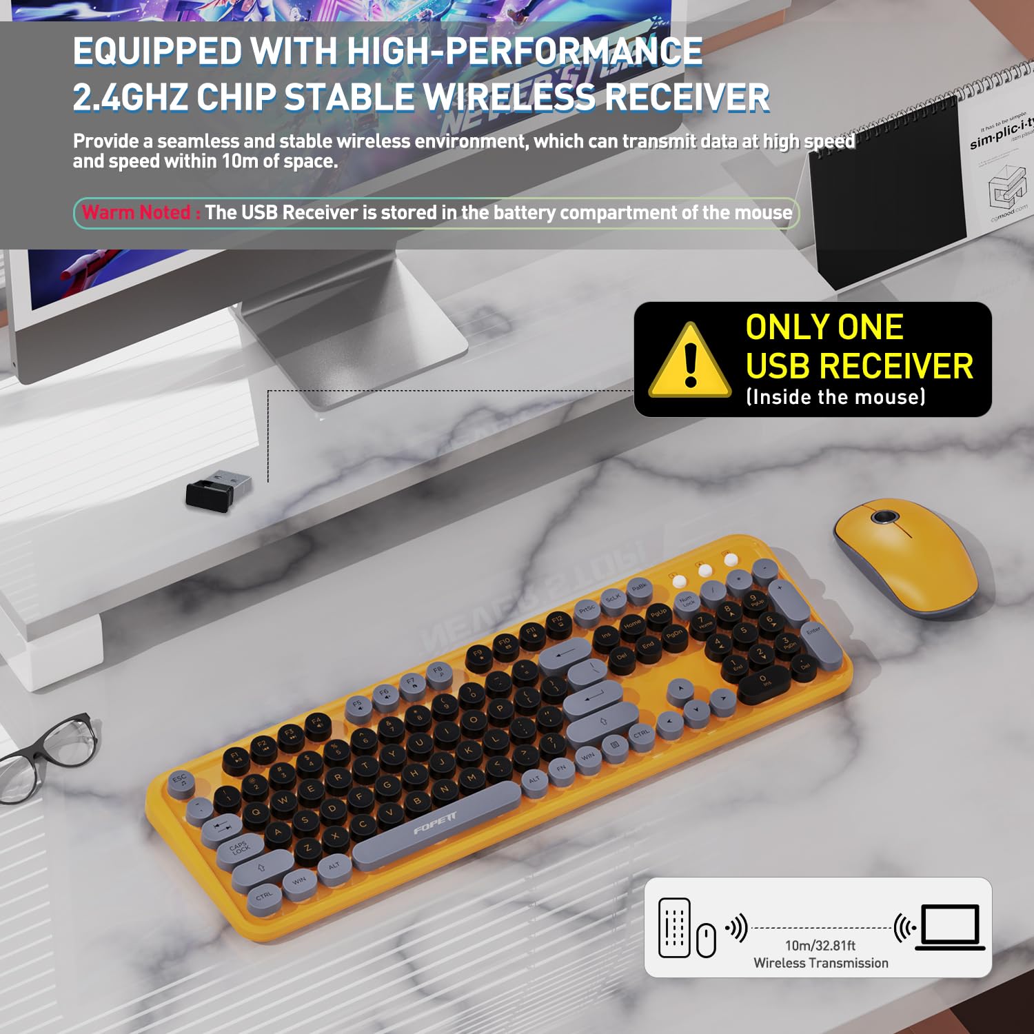Cute Retro Wireless Keyboard Mouse Combo