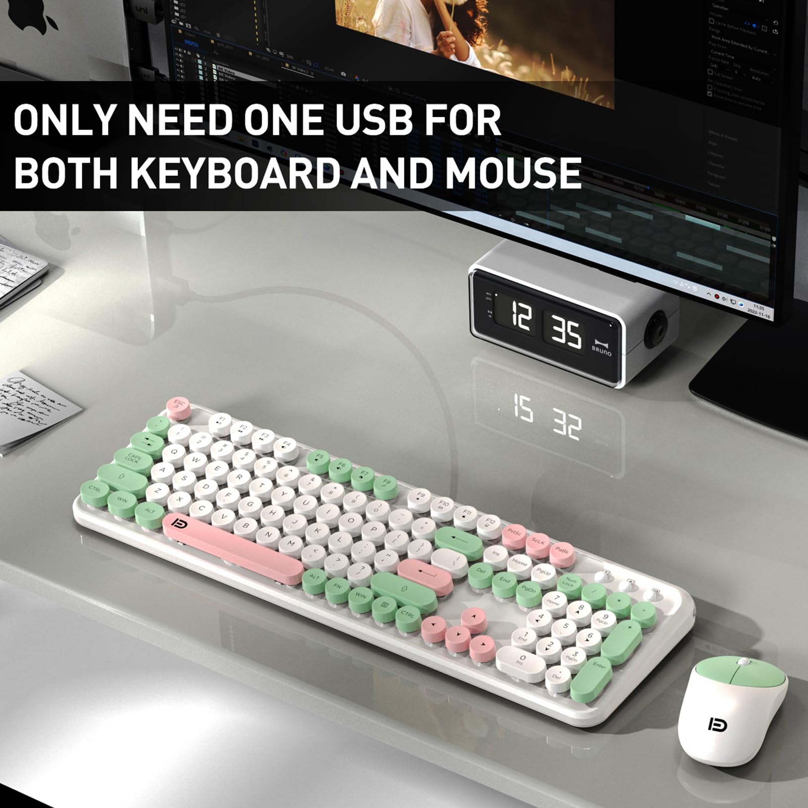 Cute Retro Wireless Keyboard Mouse Combo