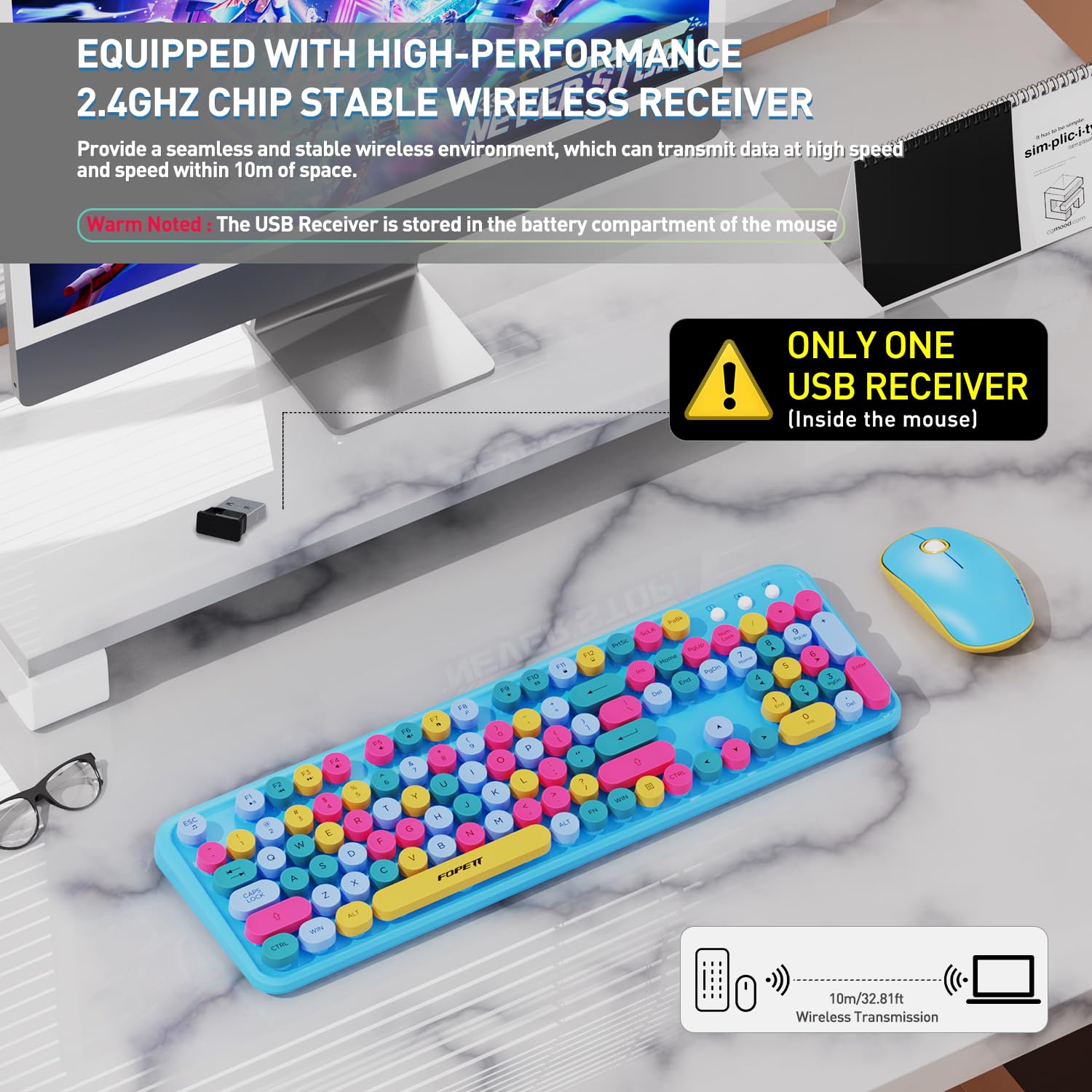 Cute Retro Wireless Keyboard Mouse Combo