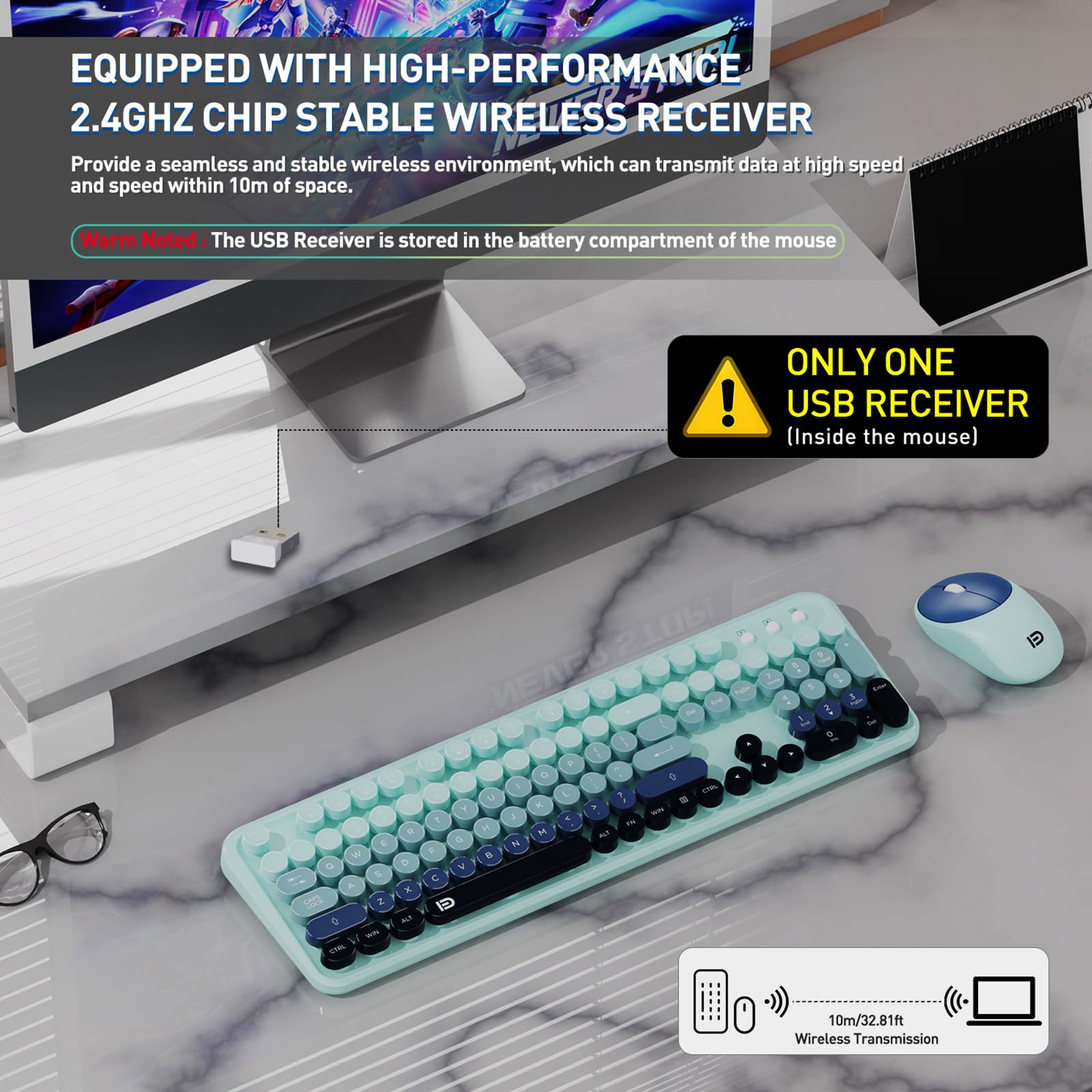 Cute Retro Wireless Keyboard Mouse Combo